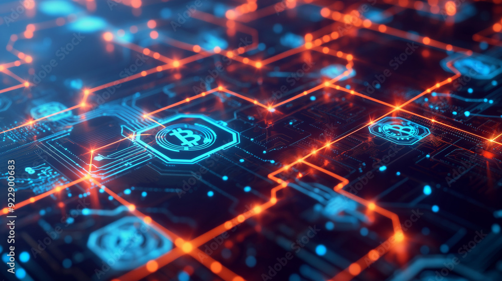 Poster cryptocurrency transactions with digital coins, blockchain networks, and secure digital wallets. inc