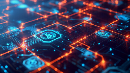 cryptocurrency transactions with digital coins, blockchain networks, and secure digital wallets. Incorporate glowing nodes, blockchain chains, highlight the technology, online business finance tech 