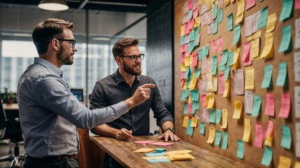 A group of five professionals engaged in a discussion around a whiteboard covered with colorful sticky notes. Agile Team Collaboration in a Sprint Planning Session.