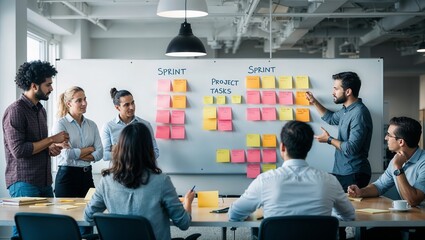 A group of five professionals engaged in a discussion around a whiteboard covered with colorful sticky notes. Agile Team Collaboration in a Sprint Planning Session.