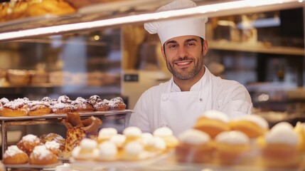 A chef shows off a display case full of pastries, AI generated Image