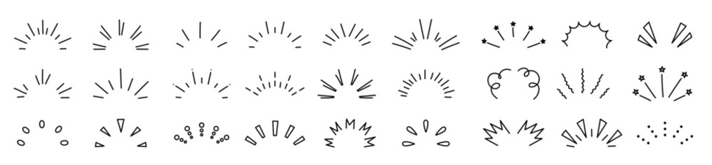 Sunburst doodle. Line shine rays and sparkles. Shining sparkles ray lines, confetti elements. Hand drawn Decorative surprise frame. Comic anime signs