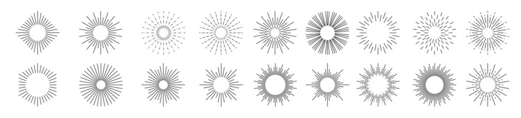 Sunburst. Radial sunlight vintage emblems, bursting rays sunrise. Firework starbursts, blast burst sunset star light sunshine spark. Explode, trendy sunbeam vector set
