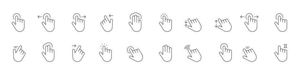 Web gesture hand icons. Simple icons with hand using smartphone, sign fingers touch, click, zoom, rotate, tap display. Touchscreen interface. Vector set 