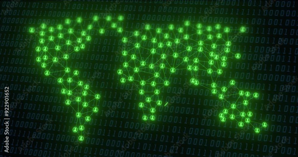 Poster world map made of glowing green nodes and binary code animation