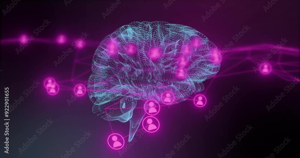 Poster artificial intelligence animation, digital brain with neural connections and user icons