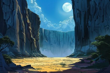 Nighttime Canyon Landscape under a Full Moon