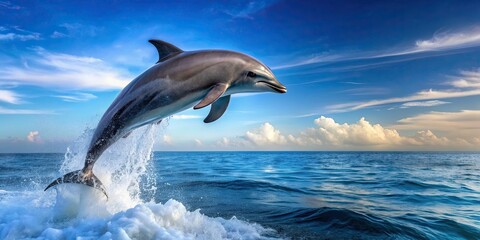 Naklejka premium Dolphin gracefully jumps out of ocean water, marine life, animal, mammal, wildlife, nature, aquatic, majestic, playful, splash