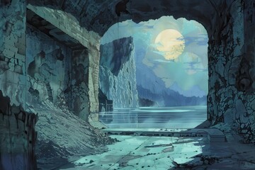 A Ruined Structure Offering a View of a Moonlit Landscape