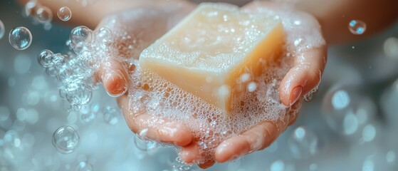 Fototapeta premium Hands gently holding a bar of soap