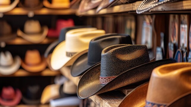 A diverse selection of cowboy hats is organized neatly on wooden shelves, showcasing different colors and styles in a rustic shop ambiance.