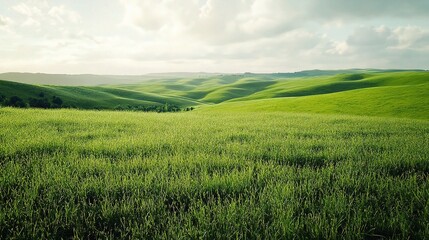 Obraz premium Serene Rolling Hills: A breathtaking vista of verdant rolling hills stretching towards a horizon bathed in soft, golden light. 