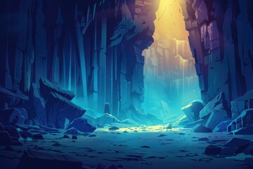 A Glowing, Blue Canyon With a Waterfall