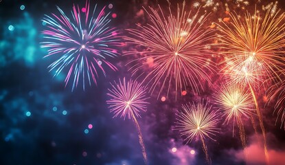 Fototapeta premium New Years background with colorful fireworks on a dark background