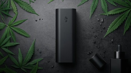 Stylish black vaporizer on a textured surface surrounded by cannabis leaves and droplets, perfect for modern relaxation.