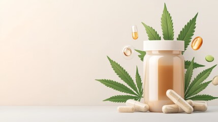A stylish bottle of dietary supplements surrounded by green cannabis leaves and colorful capsules on a neutral background.