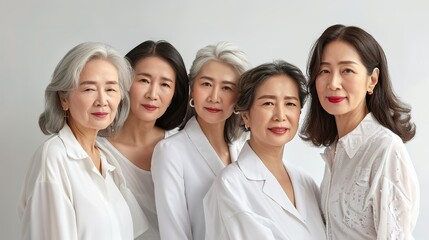 Fototapeta premium Portrait of group of middle aged Asian women with natural color clothes. Skin care. Cosmetics. Anti-aging.
