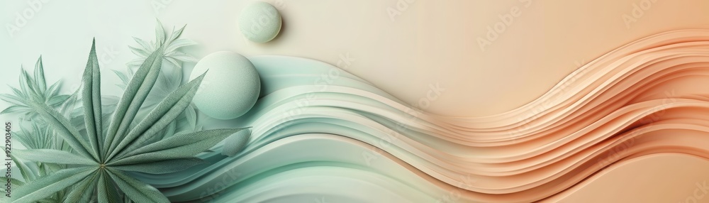 Poster a serene abstract design featuring flowing waves and leaf patterns in soft green and peach tones, pe