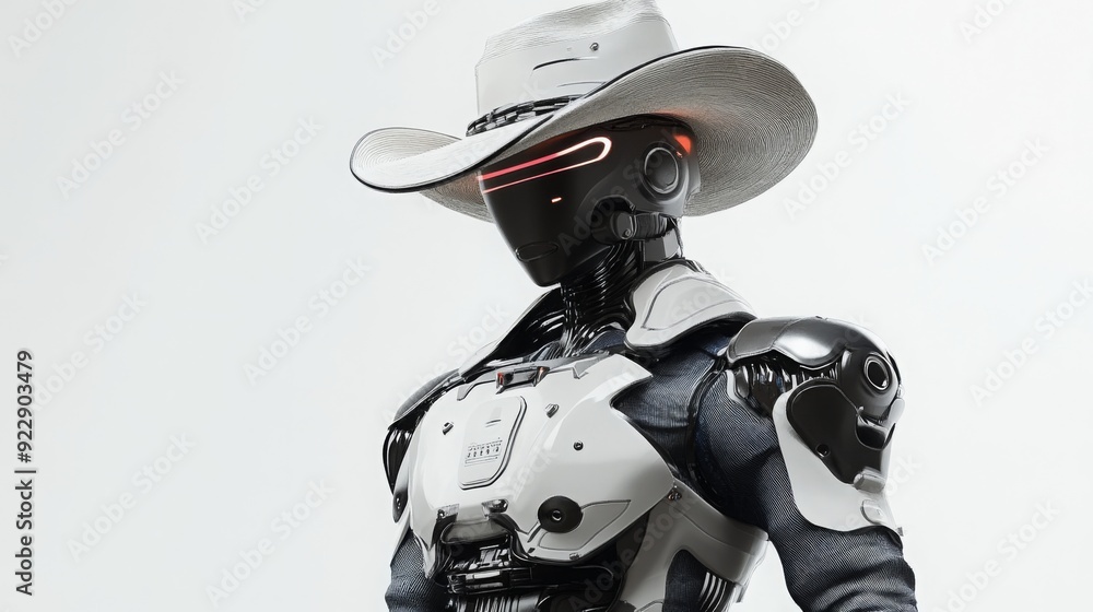 Poster a humanoid robot dressed in cowboy gear stands confidently, showcasing its metallic features and adv