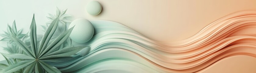 Obraz premium A serene abstract design featuring flowing waves and leaf patterns in soft green and peach tones, perfect for backgrounds.
