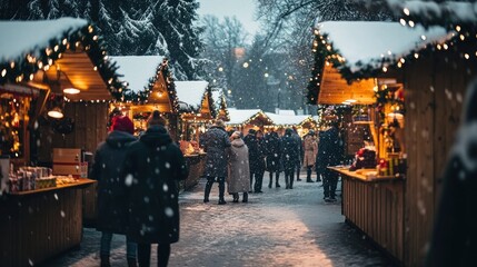 Snowy Christmas Market with Booths and People
