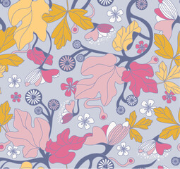 a colorful background with a pink and yellow flowers and leaves