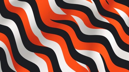 A vibrant abstract design features wavy patterns in orange, black, and white, creating a dynamic visual effect