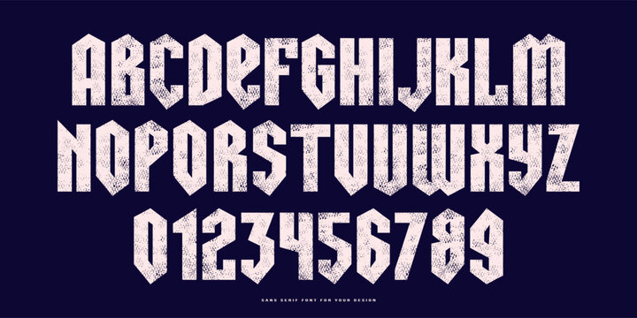 Sans serif font in black letter style. Letters and numbers with rough texture for logo and emblem design. White print on black background