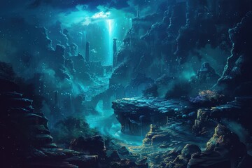 Mystical Nighttime Landscape with Ancient Ruins