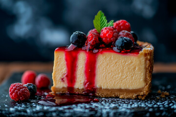 An appetizing and creamy slice of cheesecake decorated with raspberries and blueberries that give it a juicy and shiny appearance.