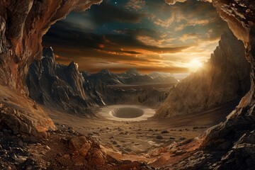 A View from a Cave in a Rugged Landscape