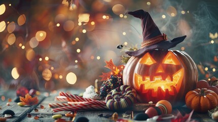 Naklejka premium Halloween Jack-o'-Lantern with Candy