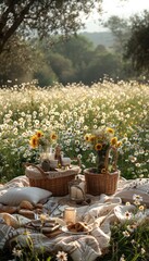 Picnic Blanket in Field of Daisies