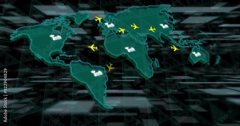 Poster airplanes and cargo ships animation over world map with grid background