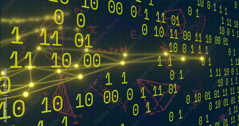 Poster binary code and mathematical equations animating over dark background
