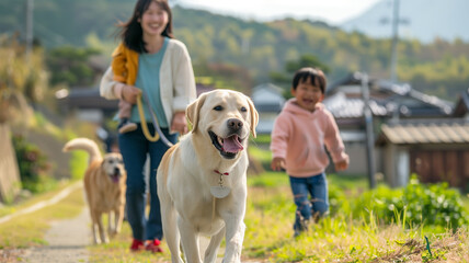 田舎の村でラブラドールと散歩する日本人家族
