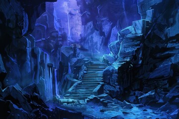 Mysterious Blue Stone Staircase in a Cave