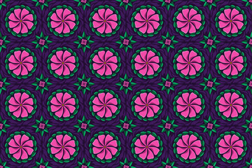 Pink Flowers Seamless Pattern On Dark Purple Background