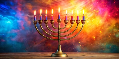 Yom Kippur Menorah with seven burning candles on colorful background