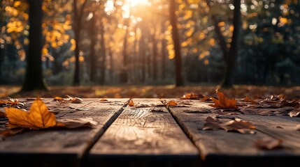 Stunning Autumn Scenery with a Rustic Wooden Table Amidst Forest Leaves, Bathed in the Warm Glow of Golden Hour Light. Ideal for Nature-Inspired Product Displays and Design Concepts.