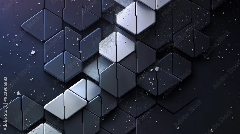 Poster abstract geometric pattern of black and white hexagonal shapes with a scattering of white particles.