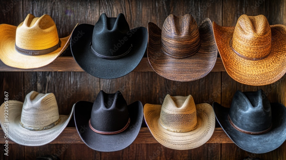 Poster a variety of cowboy hats in different colors and styles are neatly arranged on a wooden shelf agains