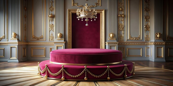 Elegant velvet podium showcasing premium jewelry in a royal palace ballroom, jewelry, premium, elegant, velvet, podium
