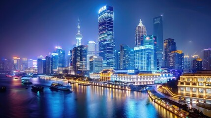 Obraz premium Night view of a vibrant city skyline with illuminated skyscrapers and a reflective river, showcasing urban architecture and nightlife.