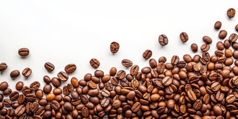 Obraz premium Top view of scattered coffee beans isolated on white background, coffee, beans, top view, scattered, isolated