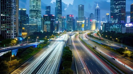 Obraz premium Vibrant night cityscape with illuminated skyscrapers and a bustling highway displaying light trails, capturing urban energy and movement.