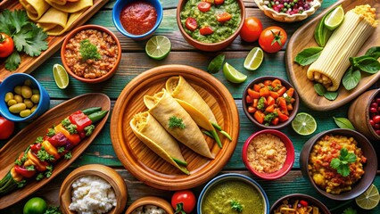Fototapeta premium Colorful display of traditional Mexican dishes including tacos, tamales, guacamole, and flan , Fiesta