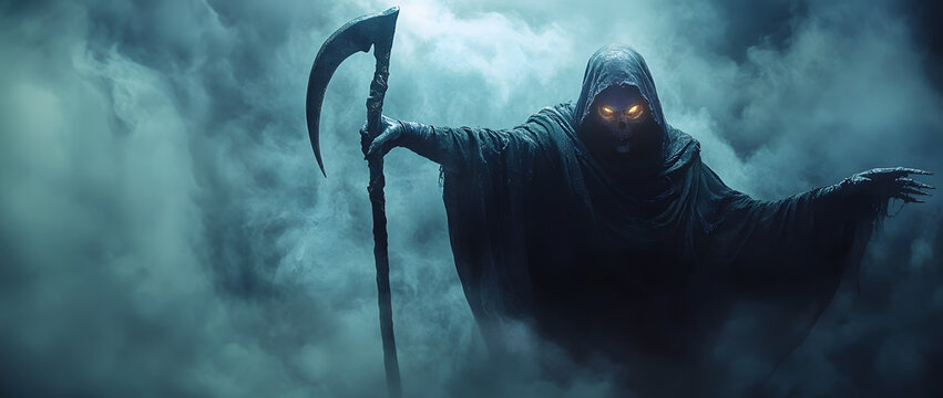 the grim reaper with his scythe and glowing eyes walking through the fog looking for his victim, horror atmosphere of halloween day