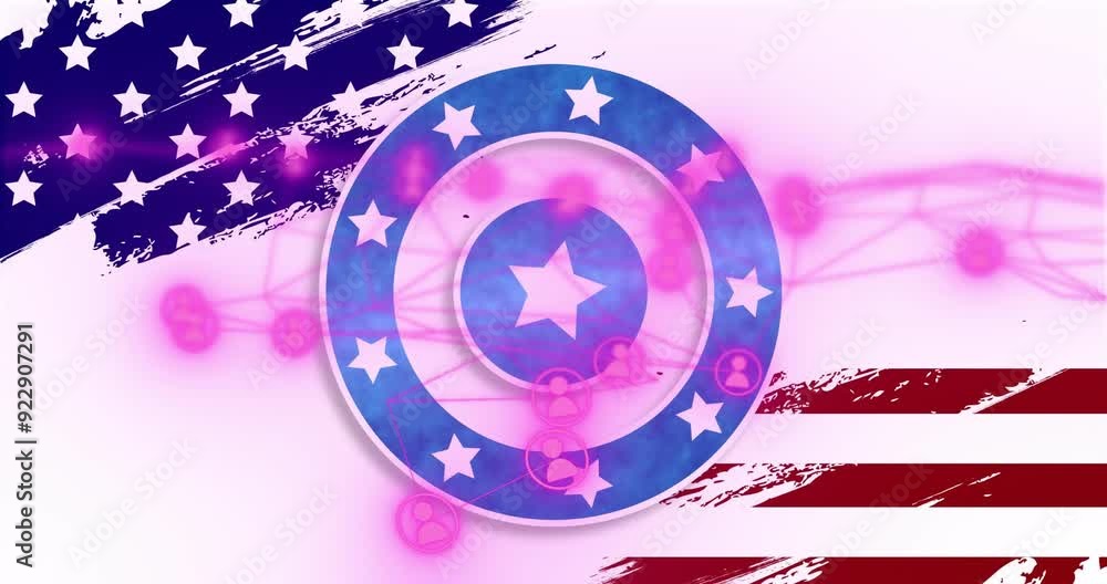 Poster network of connections and data processing animation over american flag elements