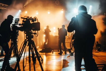 Fototapeta premium Cinematic Film Crew Working on Stage with Cameras and Lights in a Foggy Light, Silhouetted Figures and Dramatic Lighting Captured in High-Resolution